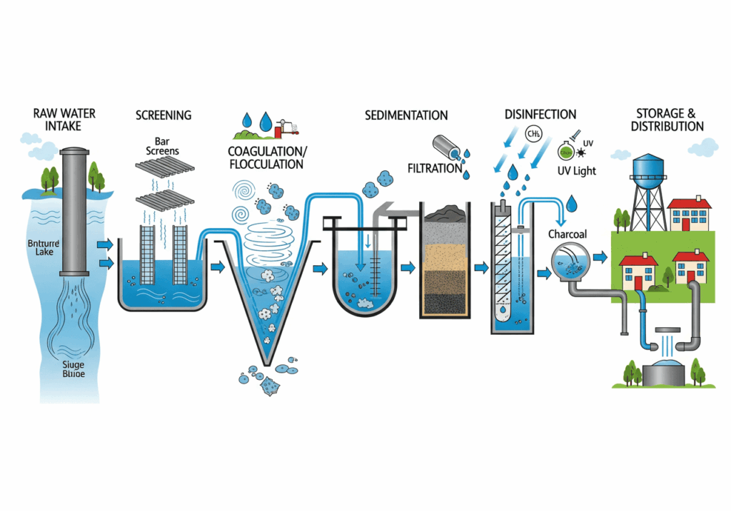 Diagram of water treatment plant process