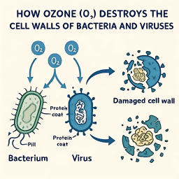 Diagram showing ozone molecules destroying bacteria cell walls