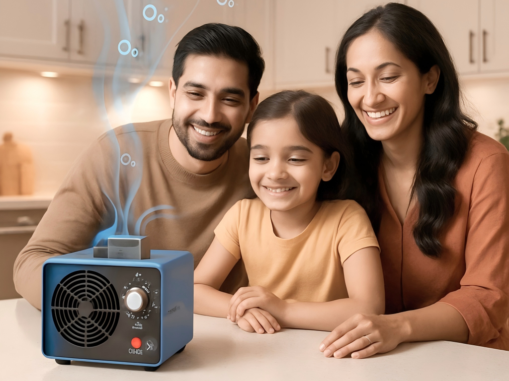 Indian family using an ozone generator for home disinfection