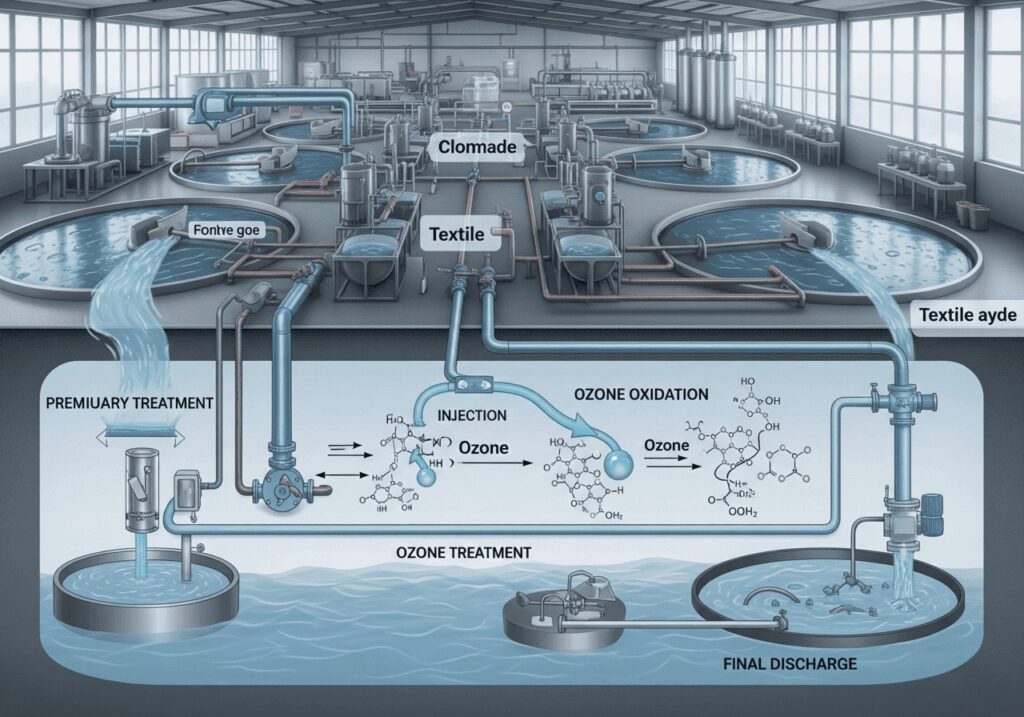 Ozone system treating industrial wastewater in a textile factory